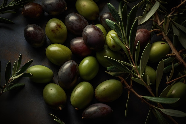 Olives and olives on a dark background