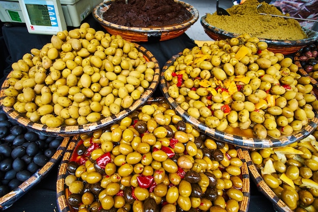 Olives for sale at food market