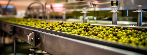Olives tape in the food industry products ready for automatic packaging Concept with automated food production Generative AI