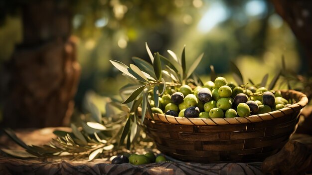 Olives that are green beneath the fruit tree in a basket sour healthy fresh Generative AI