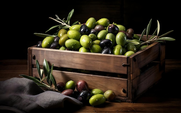 Olives in wooden crate Fresh Olives