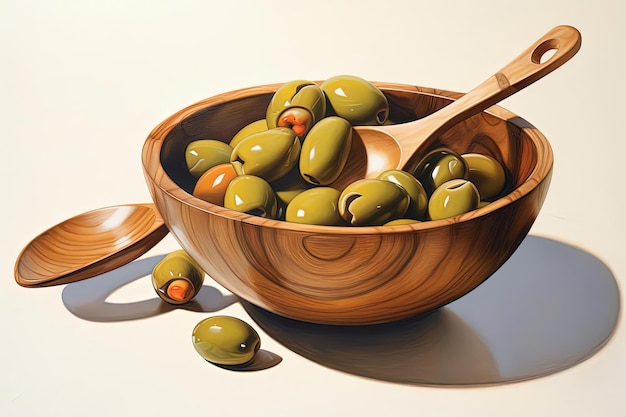 olives on a wooden spoon in a small bowl in the style of james bullough