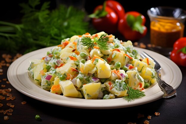 Photo olivier salad a festive russian favorite with potatoes vegetables and mayo