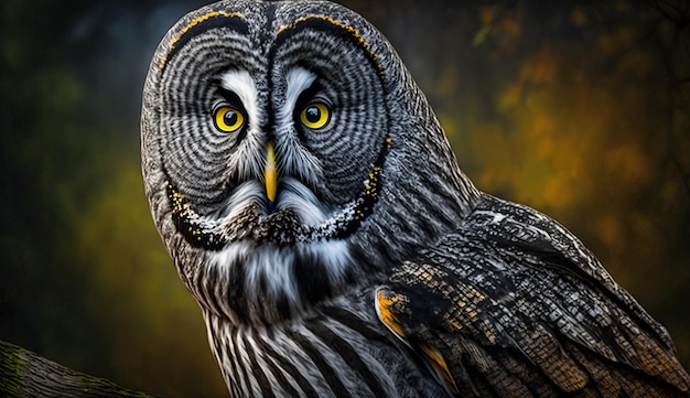 Ollie is an old gray owl with green eyes ultra detailed picture AI Generated Image