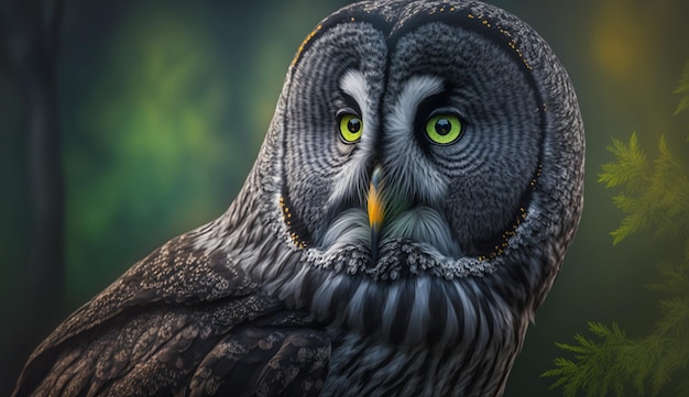 Ollie is an old gray owl with green eyes ultra detailed picture AI Generated Image