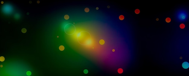 Olorful abstracte bokeh op zwarte achtergrond Vakantieconcept brede banner Glanzende veelkleurige glitter rasterachtergrond Abstracte groen blauwe gele cirkels decoratief Bokeh lichteffect Generatieve AI
