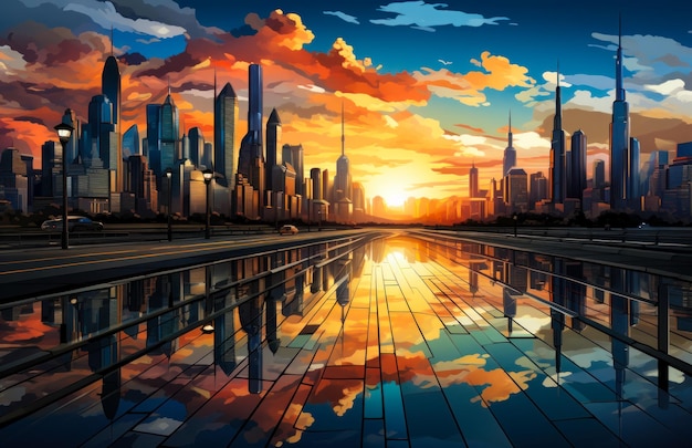 Photo olorful city skyline a painting of a sunset over a city