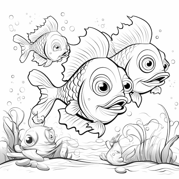 Страница для детей с милыми рыбками без цвета, в стиле мультфильмов, с толстыми линиями.