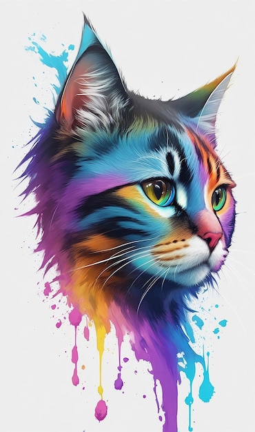 olpntng スタイルのカラフルな虹現実的な猫頭動物マスコット T シャツ デザイン クリーン デザイン エピ