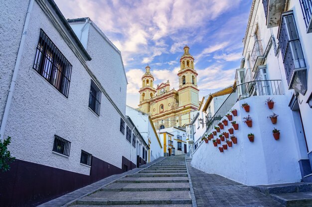 Olvera Cathedral with its steep streets with steps to reach the top of the village Cadiz