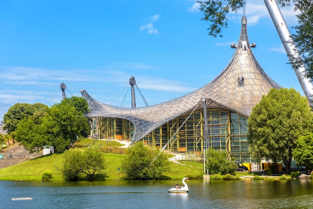 Olympiapark or Olympic Park in summer It is tourist attraction of Munich Scenic view of architecture design