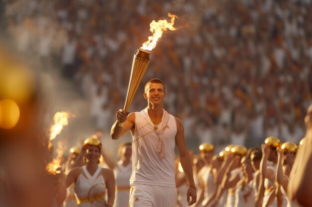 Photo olympic athlete carrying olympic flame torch in a crowded stadium