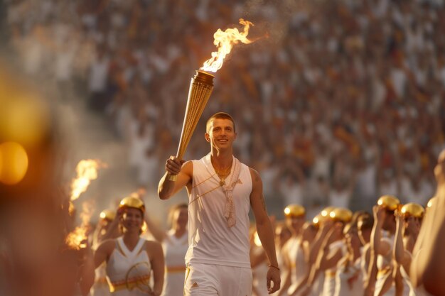 写真 混雑したスタジアムでオリンピックの炎の火を運ぶオリンピック選手