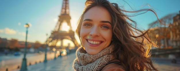 Photo olympic paris sport focus on a happy face woman smiling looking at the camera and wearing makeup in the color of the france flag with eiffel tower background on the left side free space photography