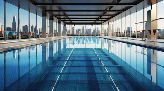 Olympic swimming pool blue clear water with no people