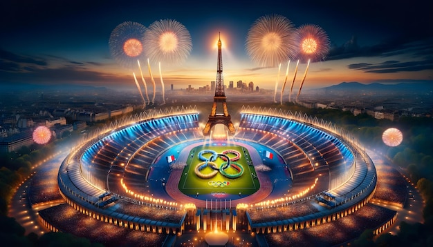 Olympisch Stadion van Parijs tijdens de openingsceremonie van 2024 met de Eiffeltoren hoog op de achtergrond