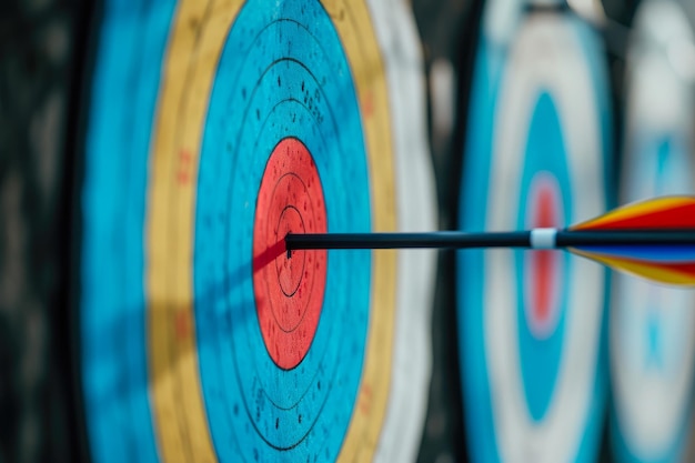 Foto olympische uitmuntendheid in boogschieten op het doel