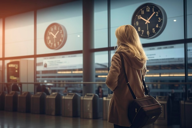 Foto om niet te laat te zijn een vrouw die de tijd van haar vlucht controleert