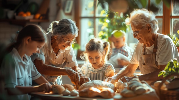 Oma en haar kleinkinderen koken brood in de keuken thuis.