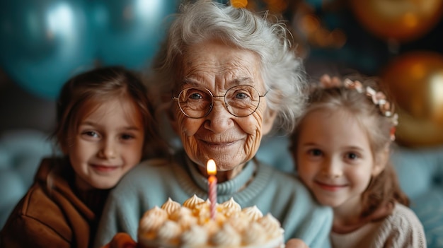 Oma en kleinkinderen zitten voor een verjaardagstaart.