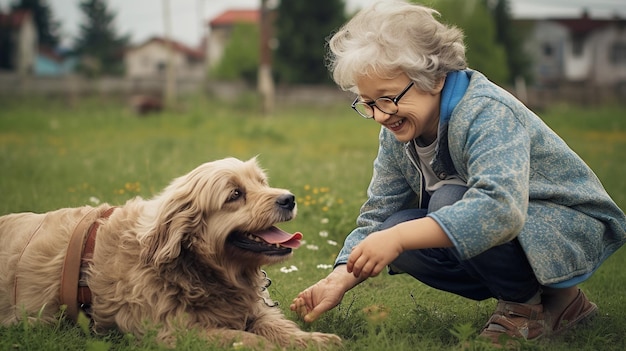 Oma glimlacht met hond in het park