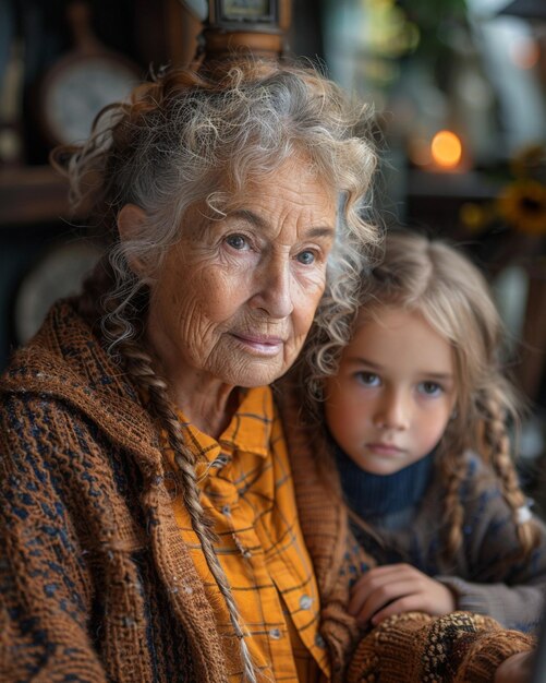 Foto oma helpt haar kleindochter met behang