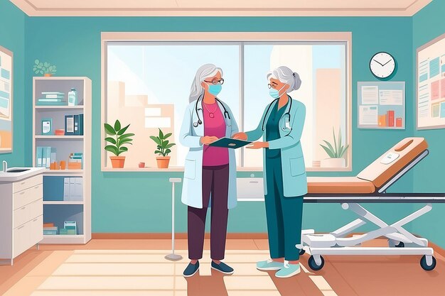 Foto oma in de medische kliniek in het dokterskantoor met kleindochter vector illustratie oma staat naast vrouwelijke dokter in de ziekenhuiskamer interieur gezondheidszorg en behandeling voor oudere vrouw