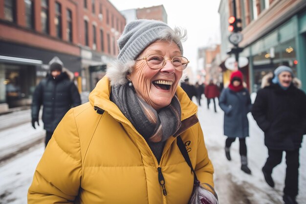 Foto oma lacht tegen mensen die op straat lopen.