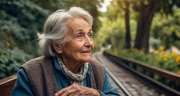 Oma zit op een bankje in het park.