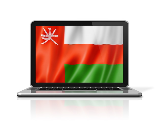 Oman flag on laptop screen isolated on white. 3D illustration render.