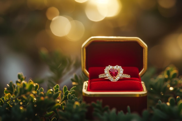 オマンティックハート形のルビー engagement ring in a velvet box (オマンティック心形のルビーの婚約指輪をベルベットの箱に入れて)