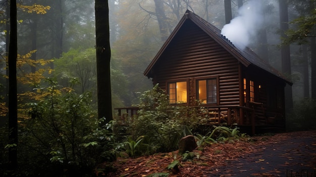 Foto omarm de pracht van de herfst en ontdek een afgelegen hut in het mistige bos