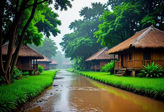 Omarm de rustige schoonheid van de dorpsnatuur tijdens het regenseizoen, versierd met weelderig groen.