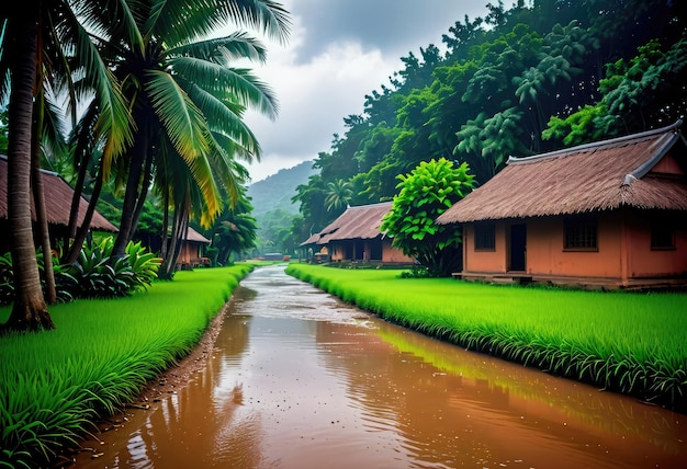 Omarm de rustige schoonheid van de dorpsnatuur tijdens het regenseizoen, versierd met weelderig groen.