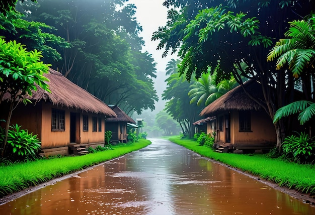 Omarm de rustige schoonheid van de dorpsnatuur tijdens het regenseizoen, versierd met weelderig groen.