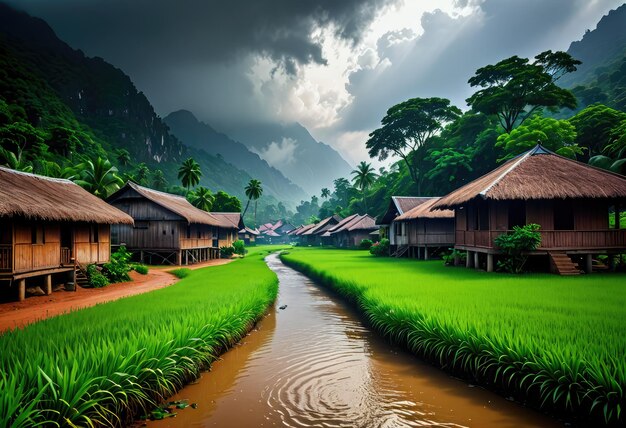 Omarm de rustige schoonheid van de dorpsnatuur tijdens het regenseizoen, versierd met weelderig groen.