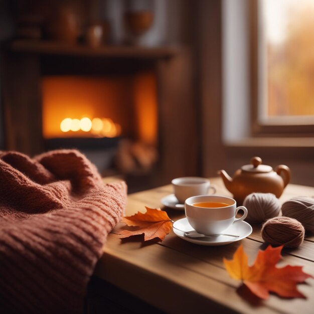 写真 ぼやけた部屋の内部にお茶とニットセーターを入れた青梅の秋の構図