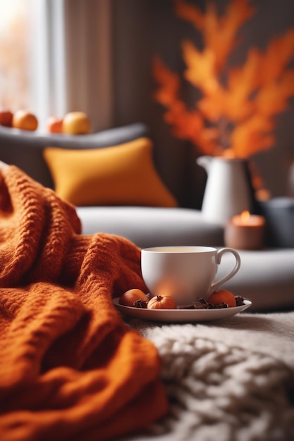 Фото Осенняя композиция с чаем и вязаными свитерами в интерьере комнаты на размытом фоне