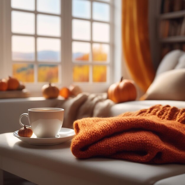 Photo ome autumn composition with tea and knitted sweaters in the interior of the room on a blurred