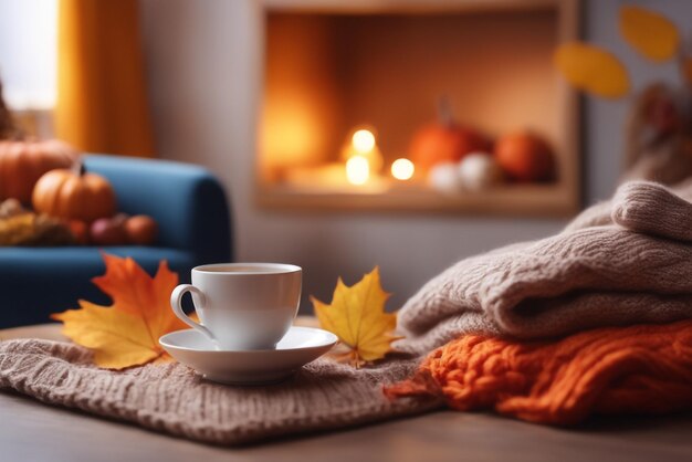 Photo ome autumn composition with tea and knitted sweaters in the interior of the room on a blurred