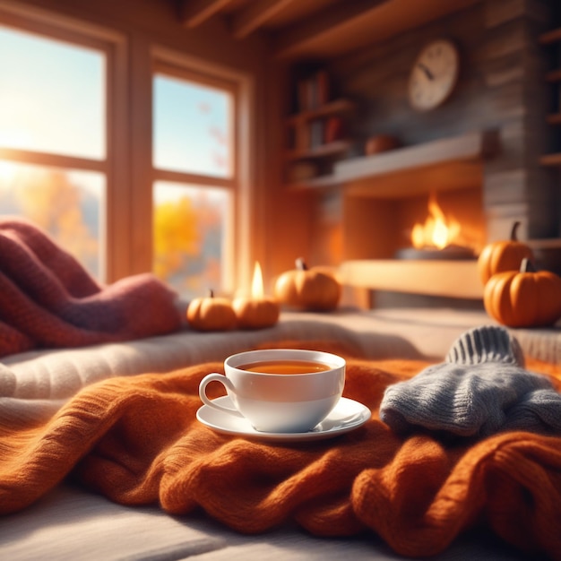 ome autumn composition with tea and knitted sweaters in the interior of the room on a blurred