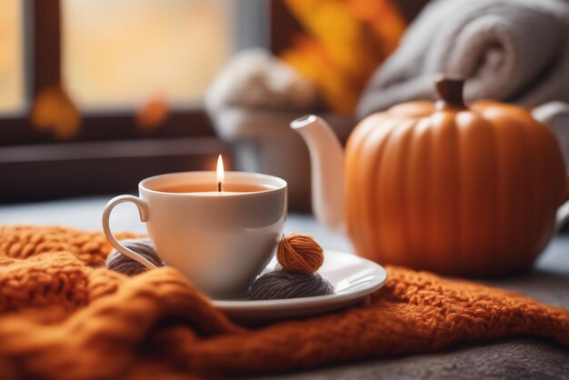 ome autumn composition with tea and knitted sweaters in the interior of the room on a blurred