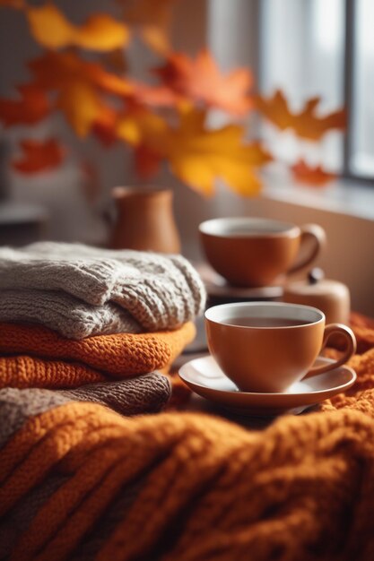 Ome autumn composition with tea and knitted sweaters in the interior of the room on a blurred