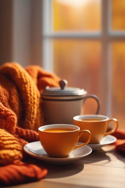 Ome autumn composition with tea and knitted sweaters in the interior of the room on a blurred