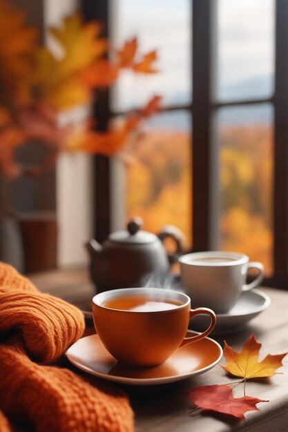 Ome autumn composition with tea and knitted sweaters in the interior of the room on a blurred