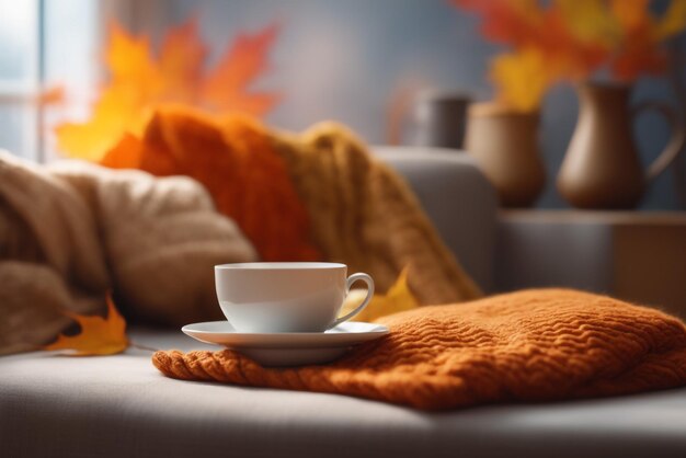 Photo ome autumn composition with tea and knitted sweaters in the interior of the room on a blurred