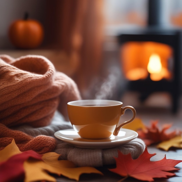 Ome autumn composition with tea and knitted sweaters in the interior of the room on a blurred