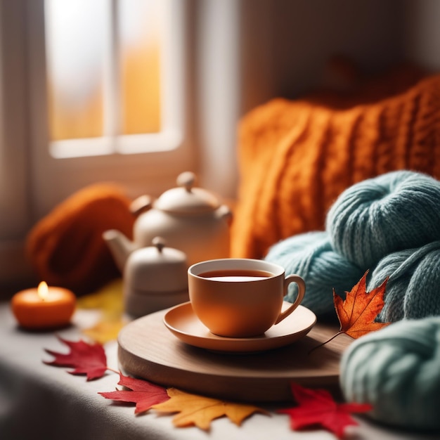 Foto ome herfstcompositie met thee en gebreide truien in het interieur van de kamer op een wazige achtergrond