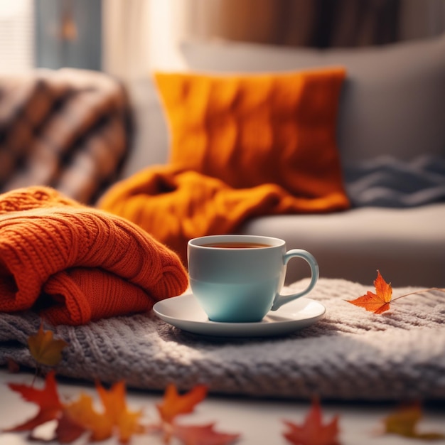 Ome herfstcompositie met thee en gebreide truien in het interieur van de kamer op een wazige achtergrond