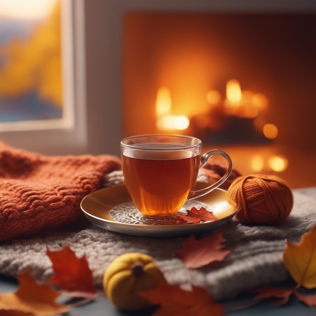 Ome herfstcompositie met thee en gebreide truien in het interieur van de kamer op een wazige achtergrond